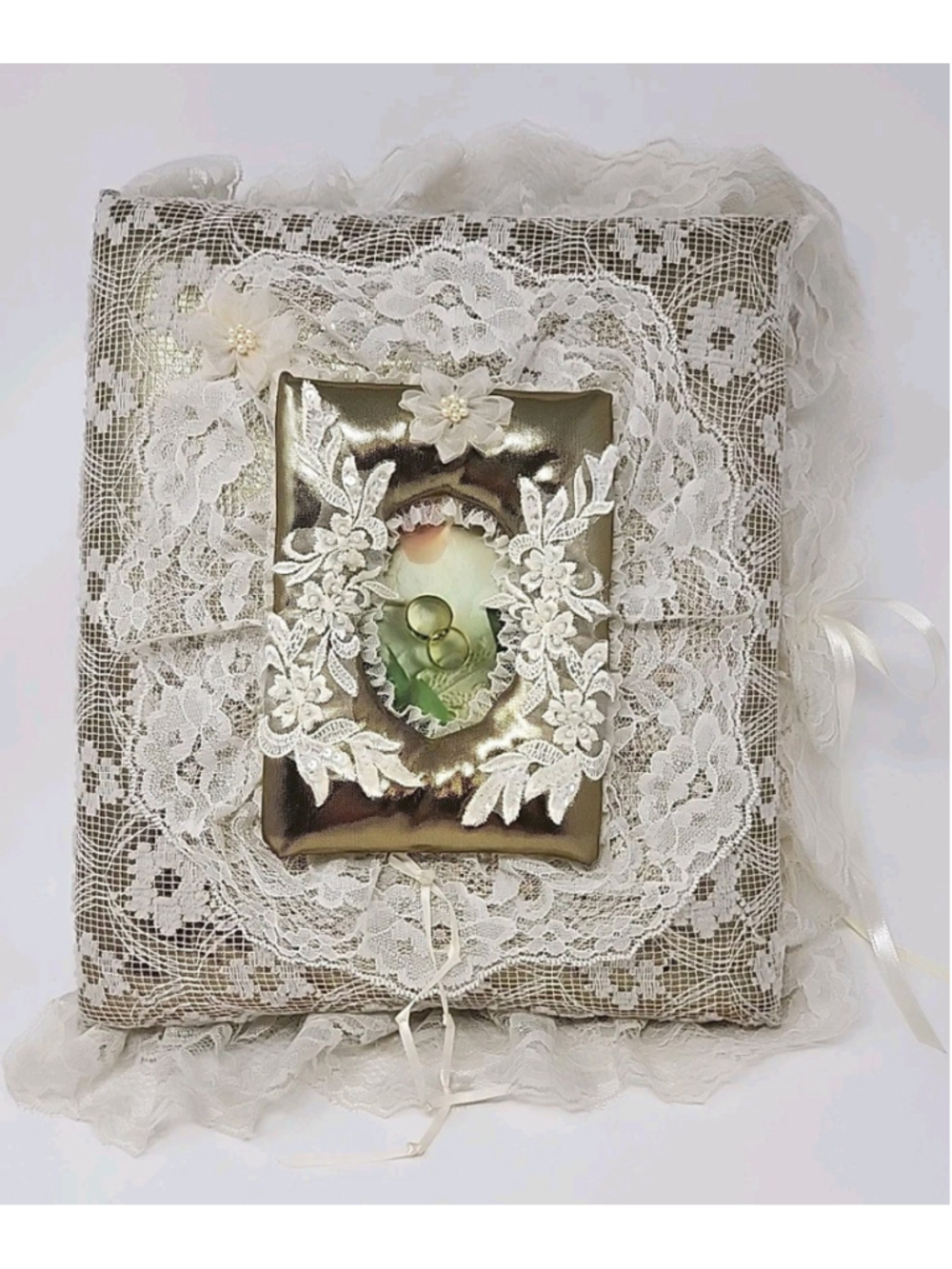 Vtg 80s Granny Core Padded Handmade Fabric Lace Gold Wedding Photo Album